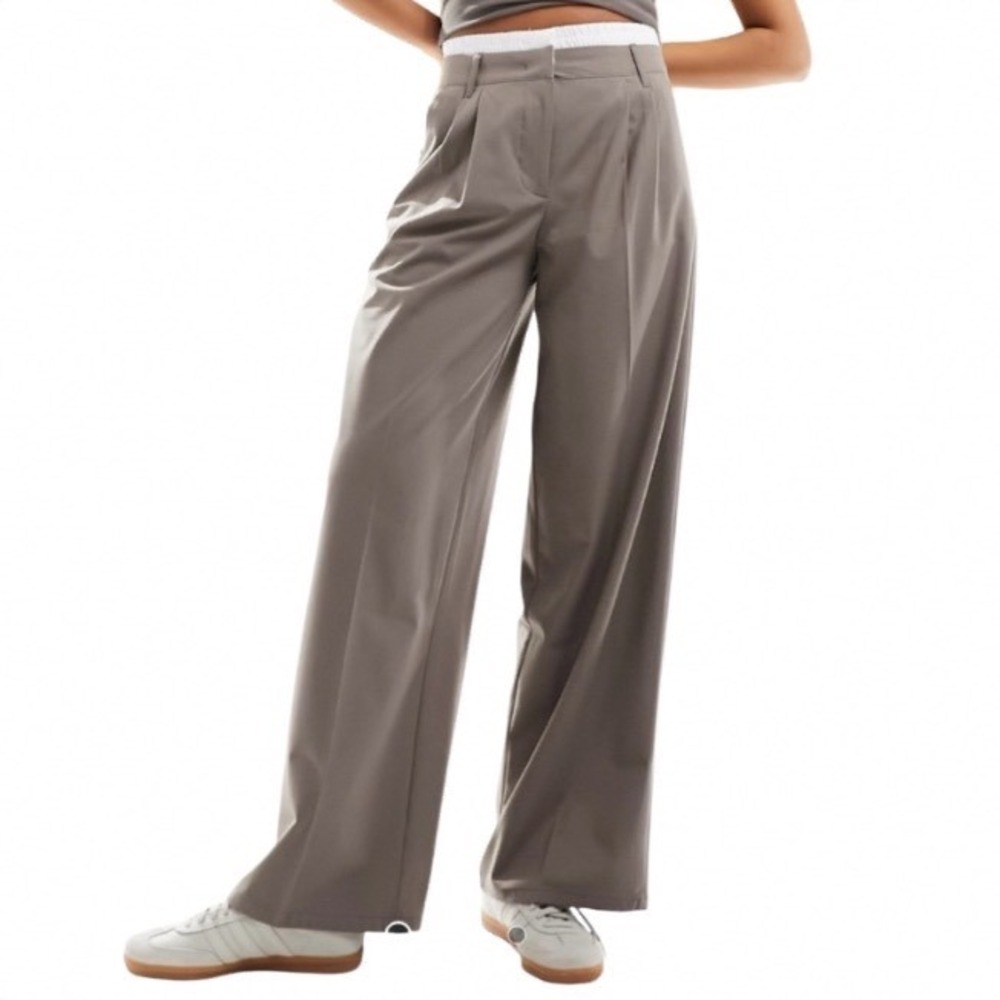 Bershka Women Sz 4 Wide Leg Tailored Trousers Taupe‎ Brown Layered Waistband